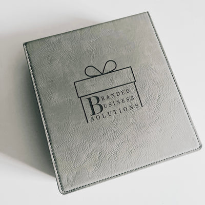 Real estate custom gray 3 piece leatherette wine tool kit with personal logo engraved in black