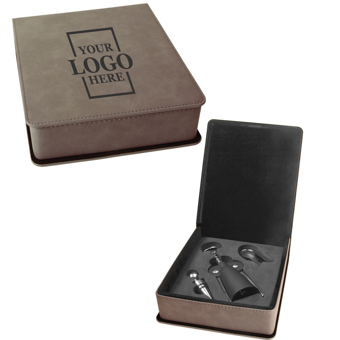 Real estate custom gray 3 piece leatherette wine tool kit with personal logo engraved in black