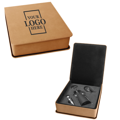 Real estate custom light brown 3 piece leatherette wine tool kit with personal logo engraved in black