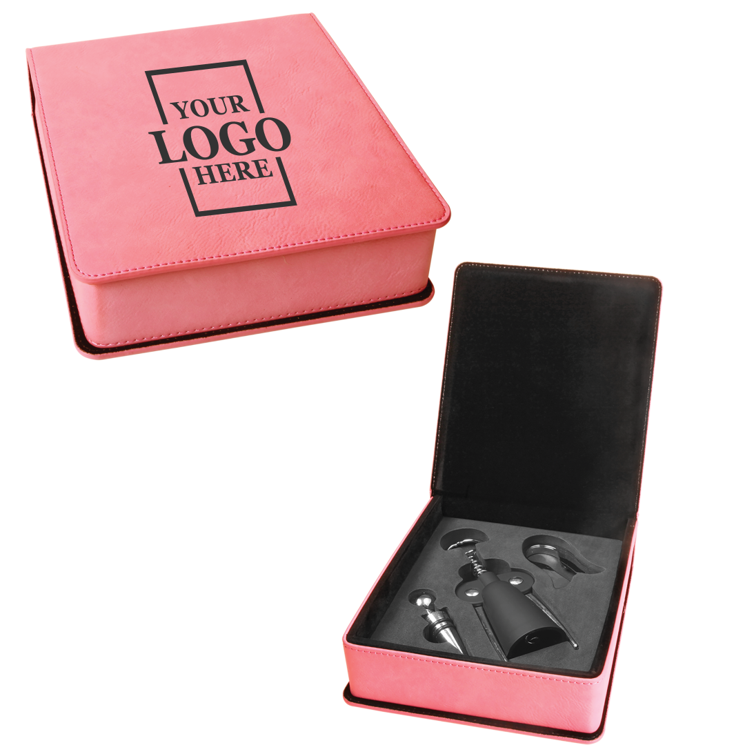 Real estate custom pink 3 piece leatherette wine tool kit with personal logo engraved in black