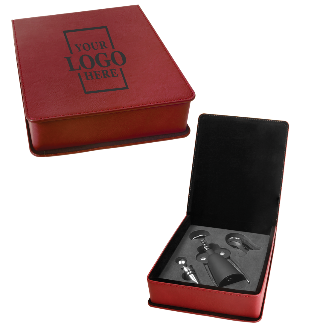 Real estate custom rose 3 piece leatherette wine tool kit with personal logo engraved in black