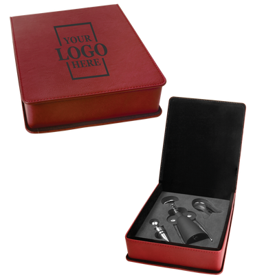 Real estate custom rose 3 piece leatherette wine tool kit with personal logo engraved in black