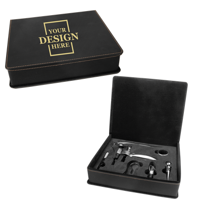 Real estate custom black 5 piece leatherette wine tool kit with gold engraving