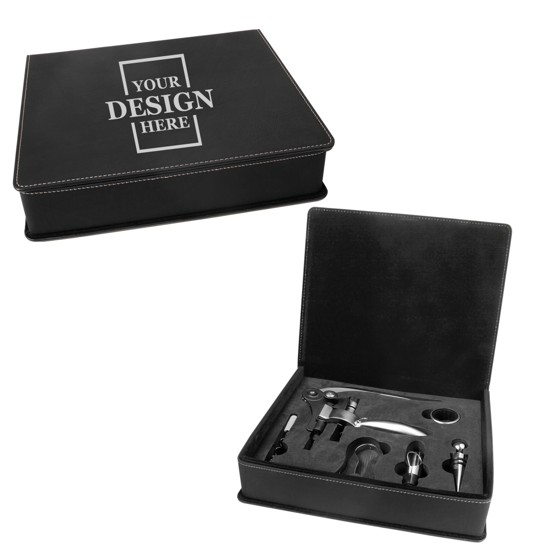 Real estate custom black 5 piece leatherette wine tool kit with silver engraving