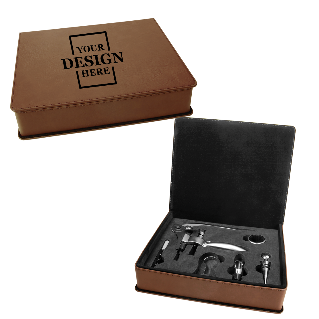 Real estate custom dark brown 5 piece leatherette wine tool kit with black engraving