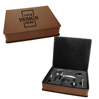 Real estate custom dark brown 5 piece leatherette wine tool kit with black engraving