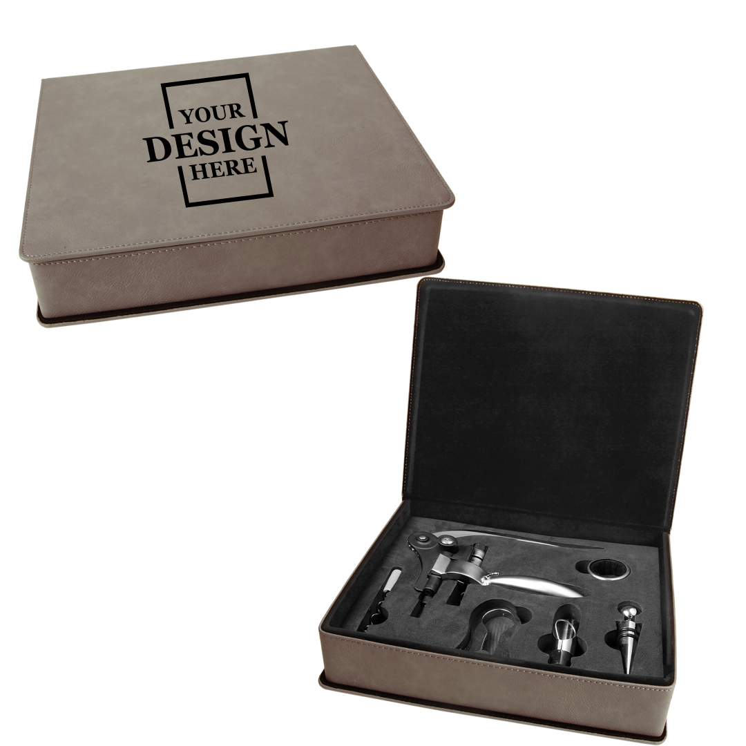Real estate custom gray 5 piece leatherette wine tool kit with black engraving