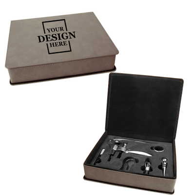 Real estate custom gray 5 piece leatherette wine tool kit with black engraving