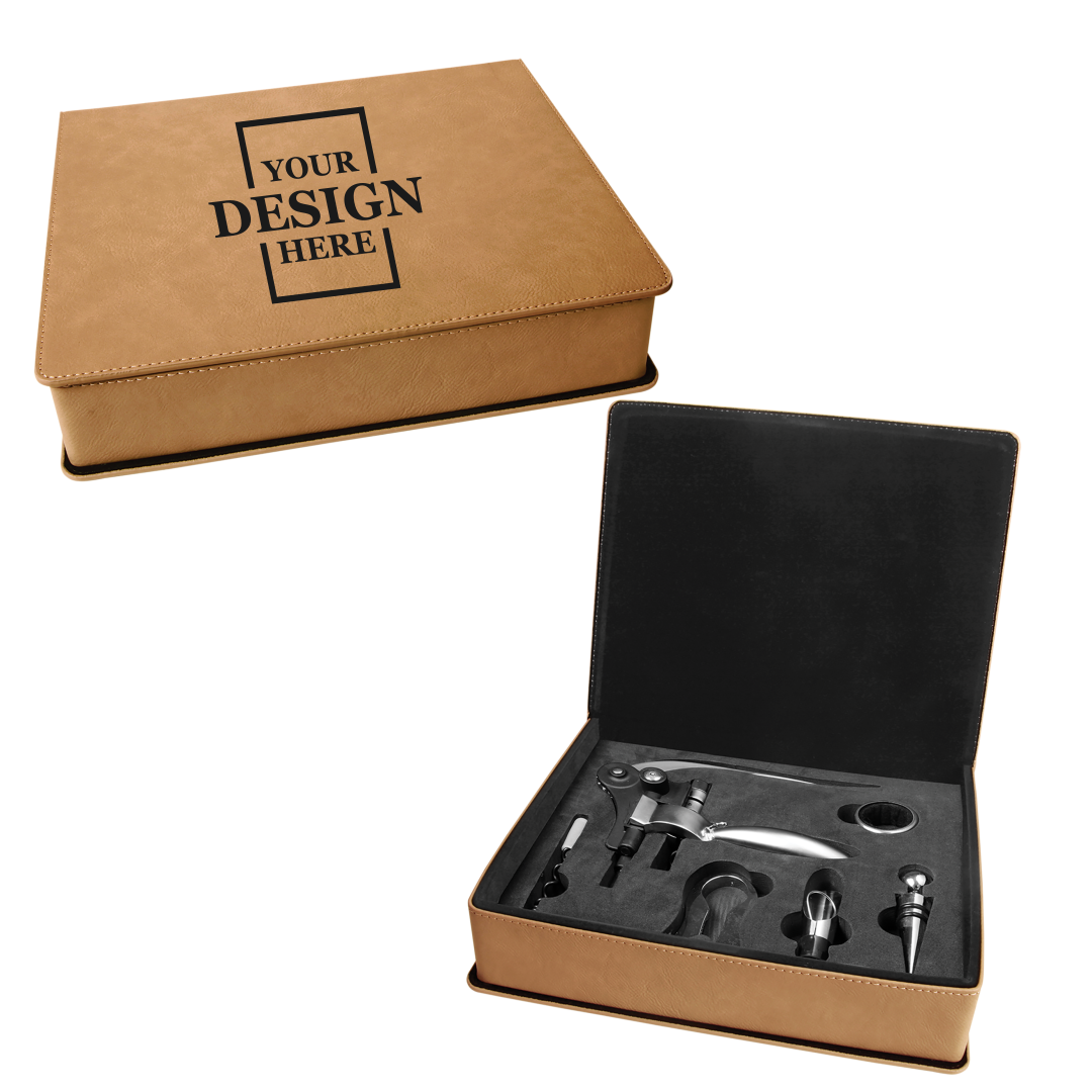 Real estate custom light brown 5 piece leatherette wine tool kit with black engraving