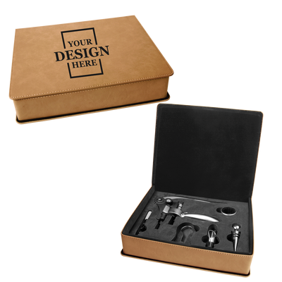 Real estate custom light brown 5 piece leatherette wine tool kit with black engraving
