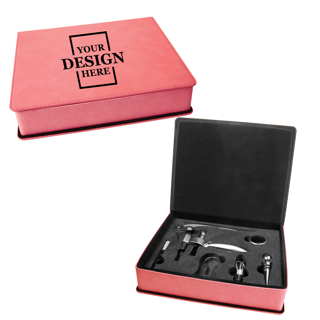 Real estate custom pink 5 piece leatherette wine tool kit with black engraving