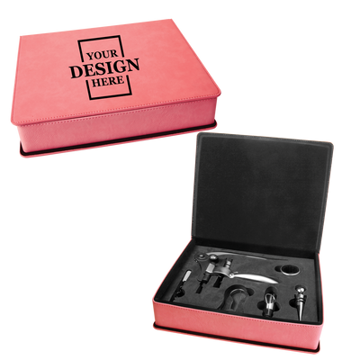 Real estate custom pink 5 piece leatherette wine tool kit with black engraving
