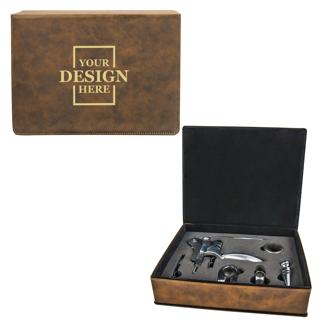 Real estate custom rustic 5 piece leatherette wine tool kit with gold engraving
