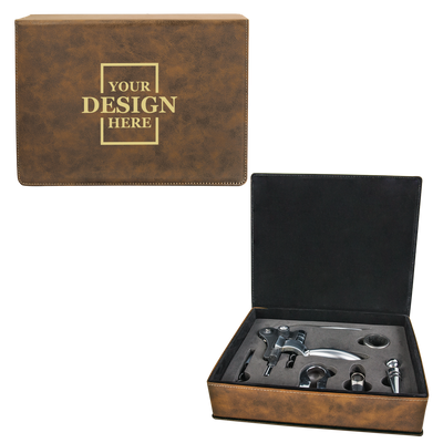 Real estate custom rustic 5 piece leatherette wine tool kit with gold engraving