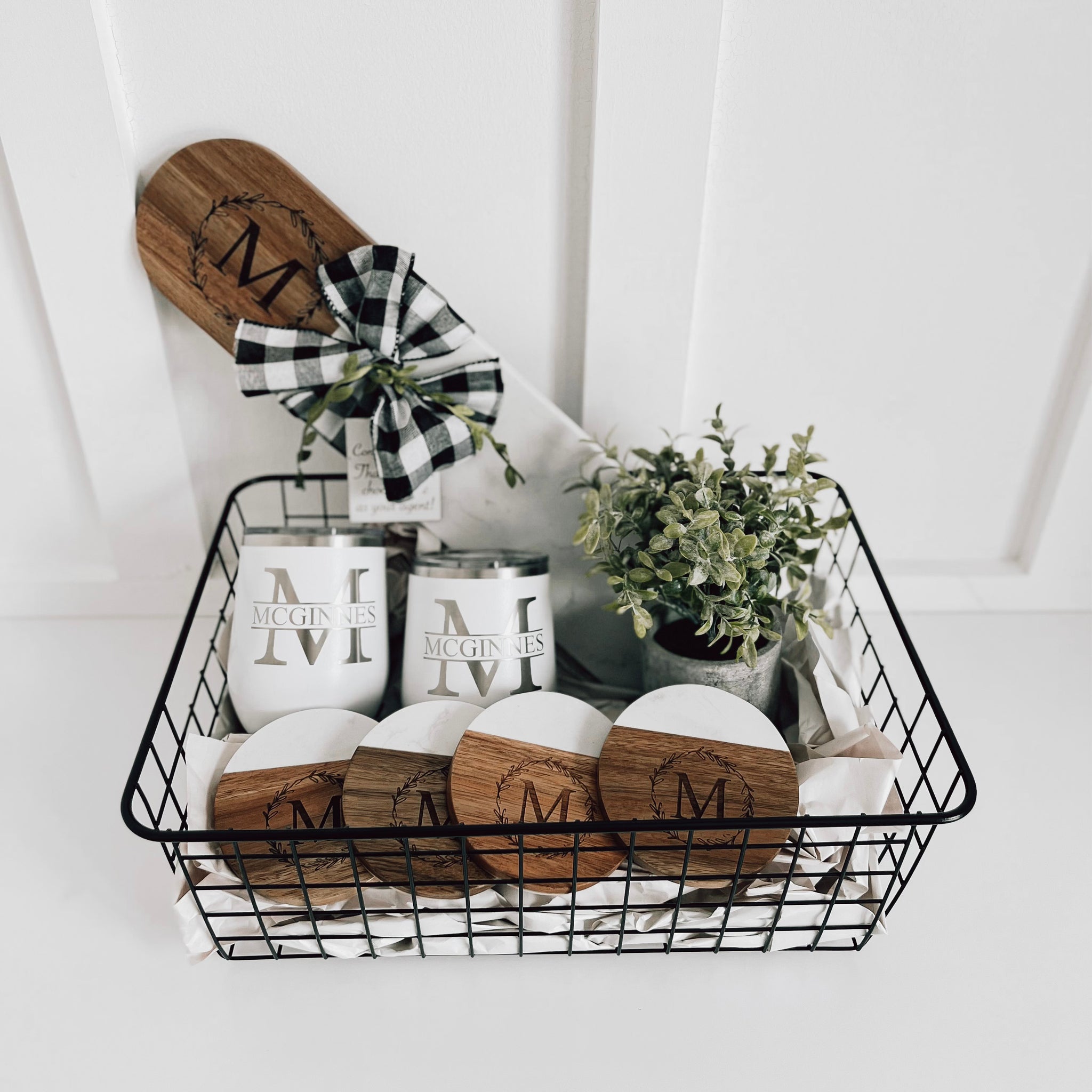 Real Estate Rounded Marble and Acacia Wood gift basket 1, includes 2 12 oz wine tumblers engraved with split monogram last name, matching round coasters, and a artificial plant