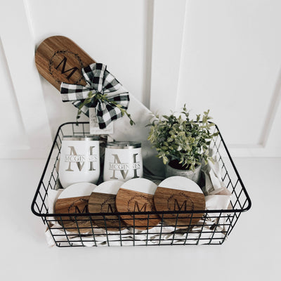 Real Estate Rounded Marble and Acacia Wood gift basket 1, includes 2 12 oz wine tumblers engraved with split monogram last name, matching round coasters, and a artificial plant