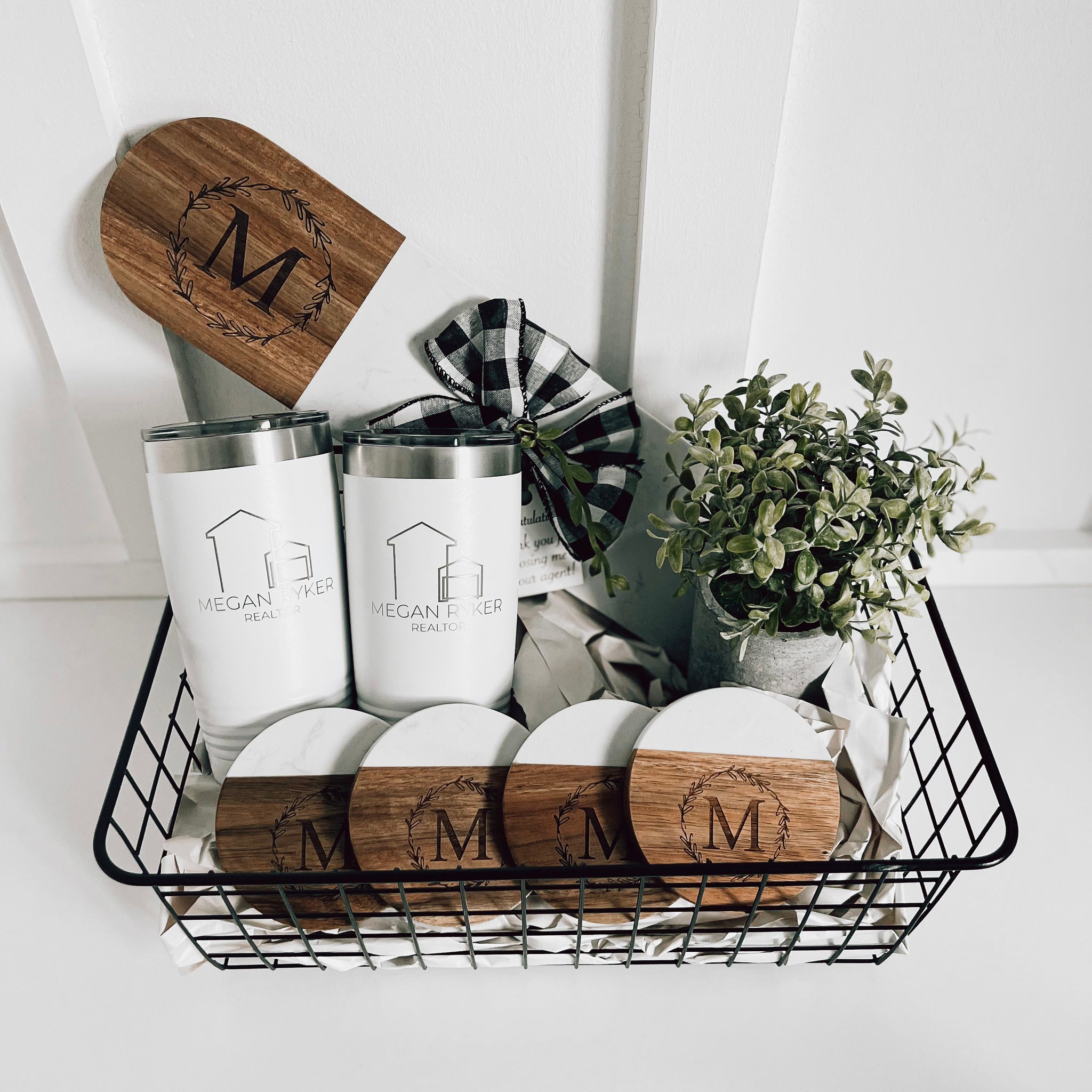 Real Estate Rounded Marble and Acacia Wood gift basket 1, includes 2 20 oz tumblers engraved with custom logo, matching round coasters, and a artificial plant