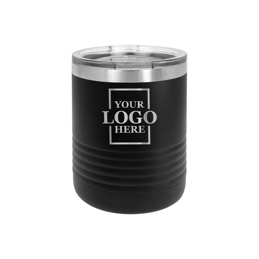 Real Estate logo branded 10 oz lowball tumbler in black with silver engraving