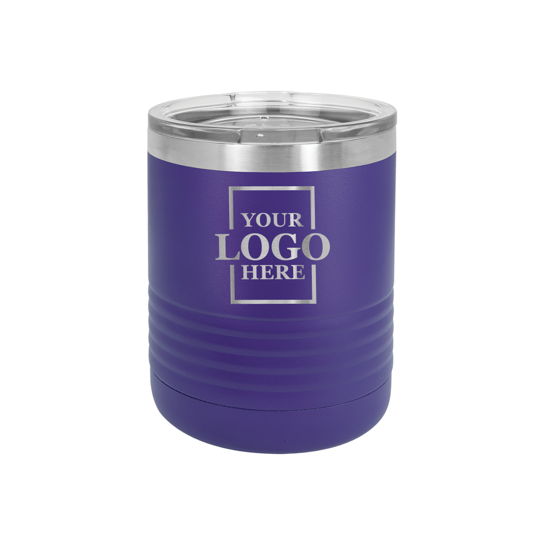 Real Estate logo branded 10 oz lowball tumbler in purple with silver engraving