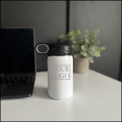 Real estate gift 12 oz bottle in white with silver engraving