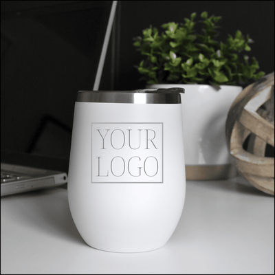 Real Estate logo branded 12 oz stemless wine tumbler in white with silver engraving