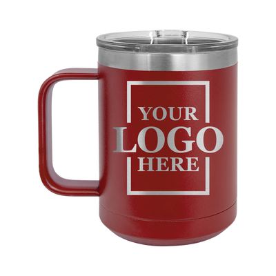 Real estate gift of a branded 15 oz burgundy mug with silver logo engraving