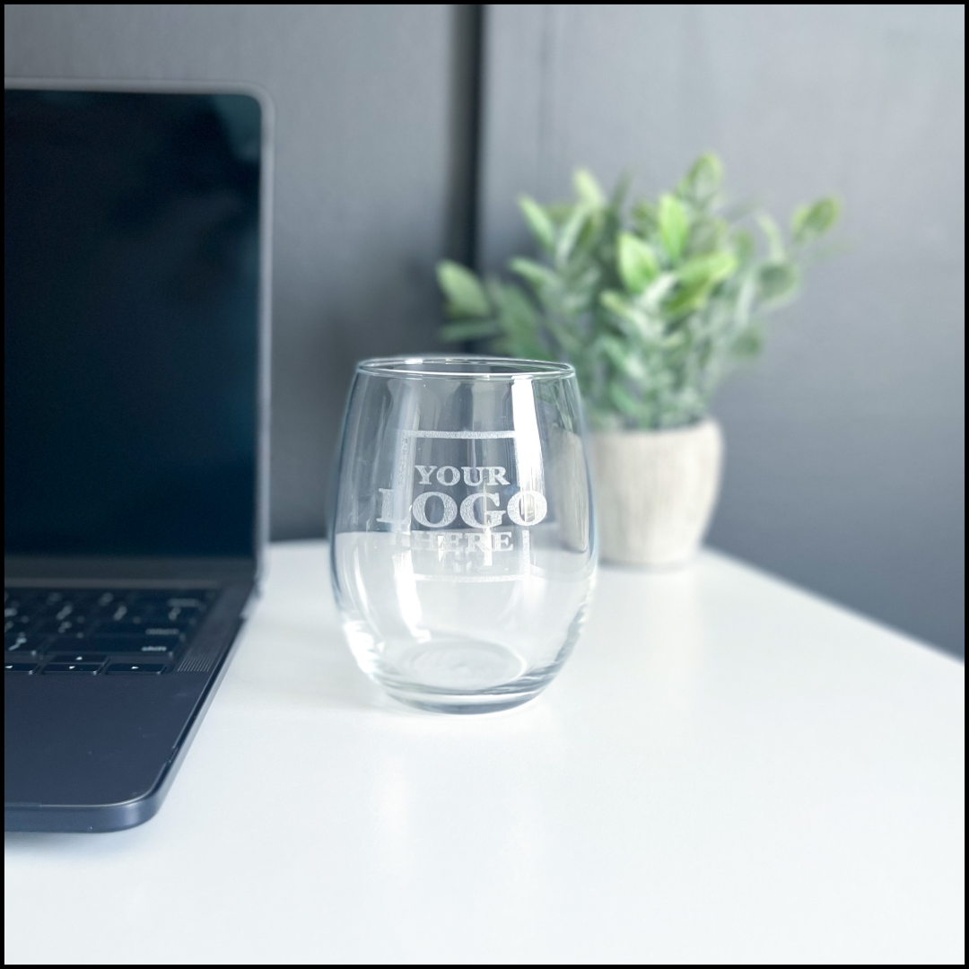 Real Estate gift of bulk 15 oz stemless wine glasses with personal logo 