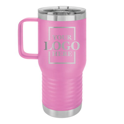 Real estate logo branded 20 oz tumbler with handle in lavender with silver engraving