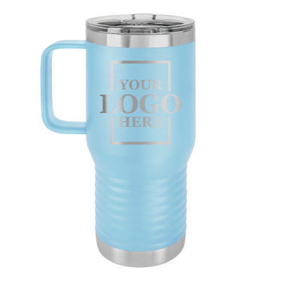 Real estate logo branded 20 oz tumbler with handle in light blue with engraving