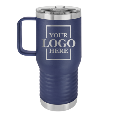 Real estate logo branded 20 oz tumbler with handle in navy with silver engraving