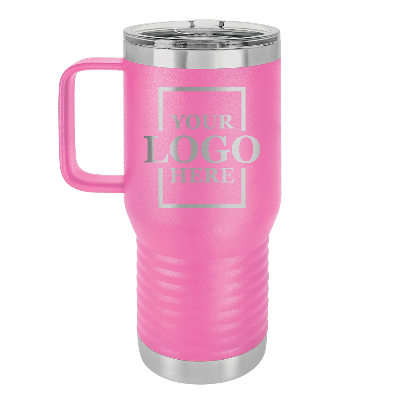 Real estate logo branded 20 oz tumbler with handle in pink with silver engraving