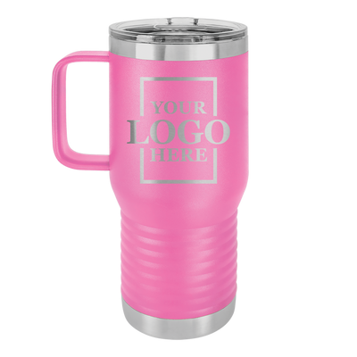 Real estate logo branded 20 oz tumbler with handle in pink with silver engraving