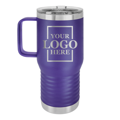 Real estate logo branded 20 oz tumbler with handle in purple with silver engraving