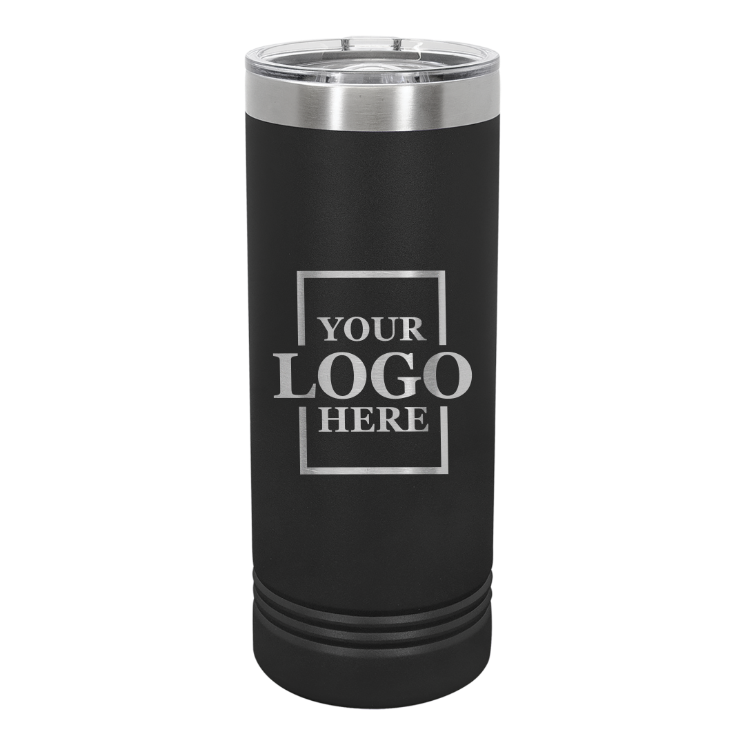 Real Estate logo branded 22 oz skinny tumbler in black with silver engraving