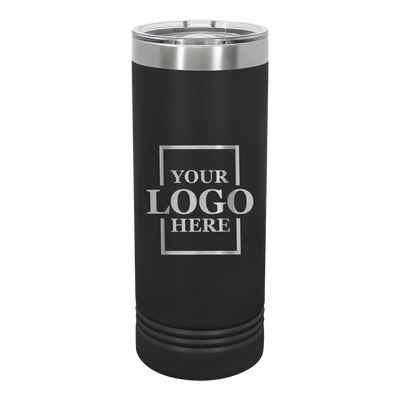 Real Estate logo branded 22 oz skinny tumbler in black with silver engraving