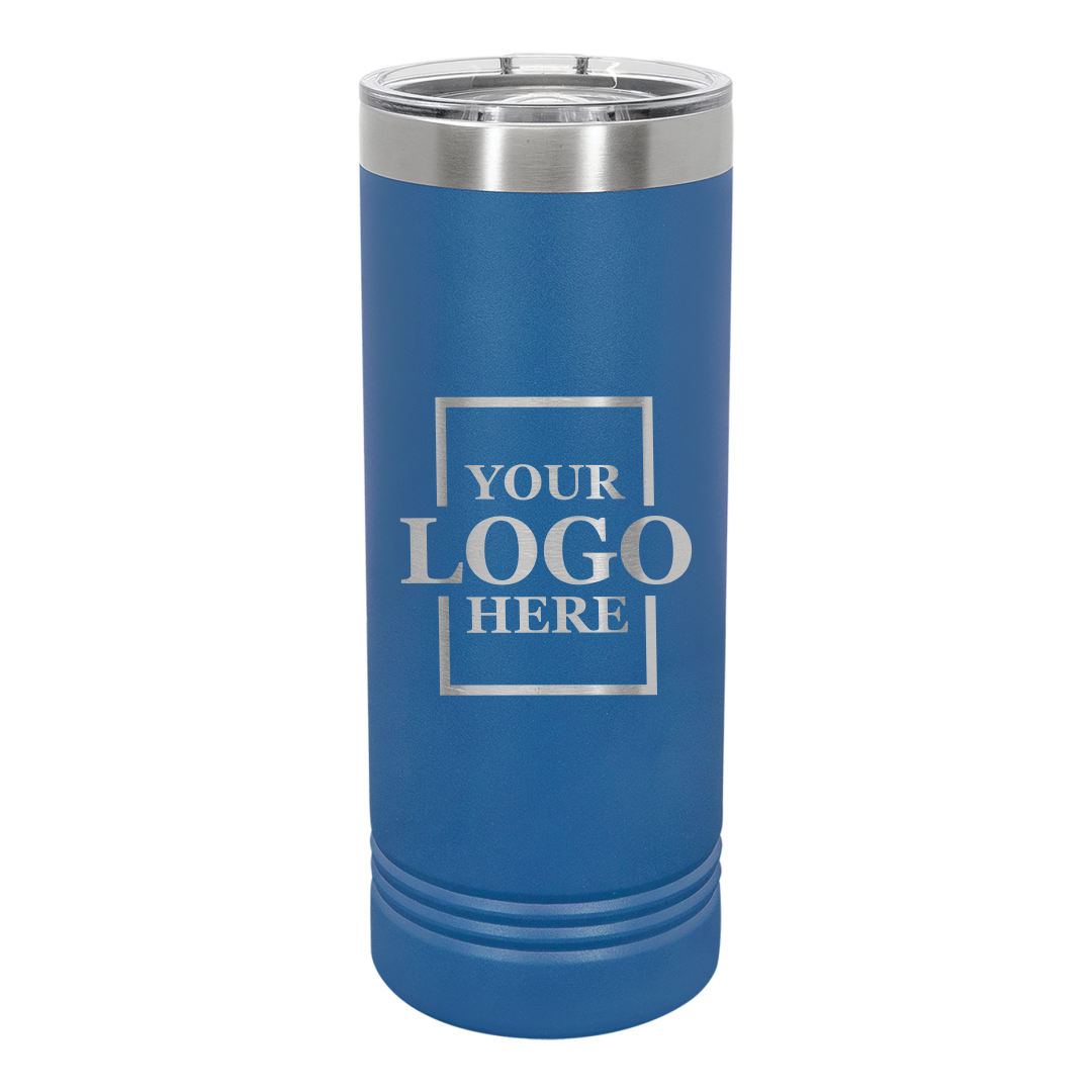 Real Estate logo branded 22 oz skinny tumbler in blue with silver engraving