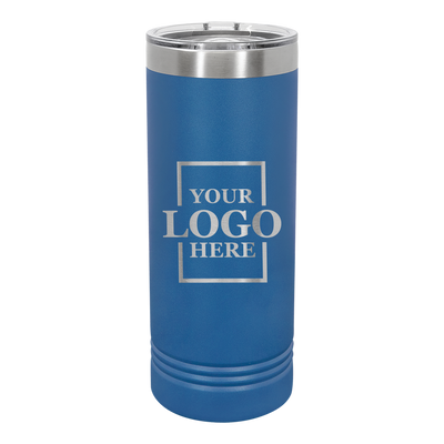 Real Estate logo branded 22 oz skinny tumbler in blue with silver engraving