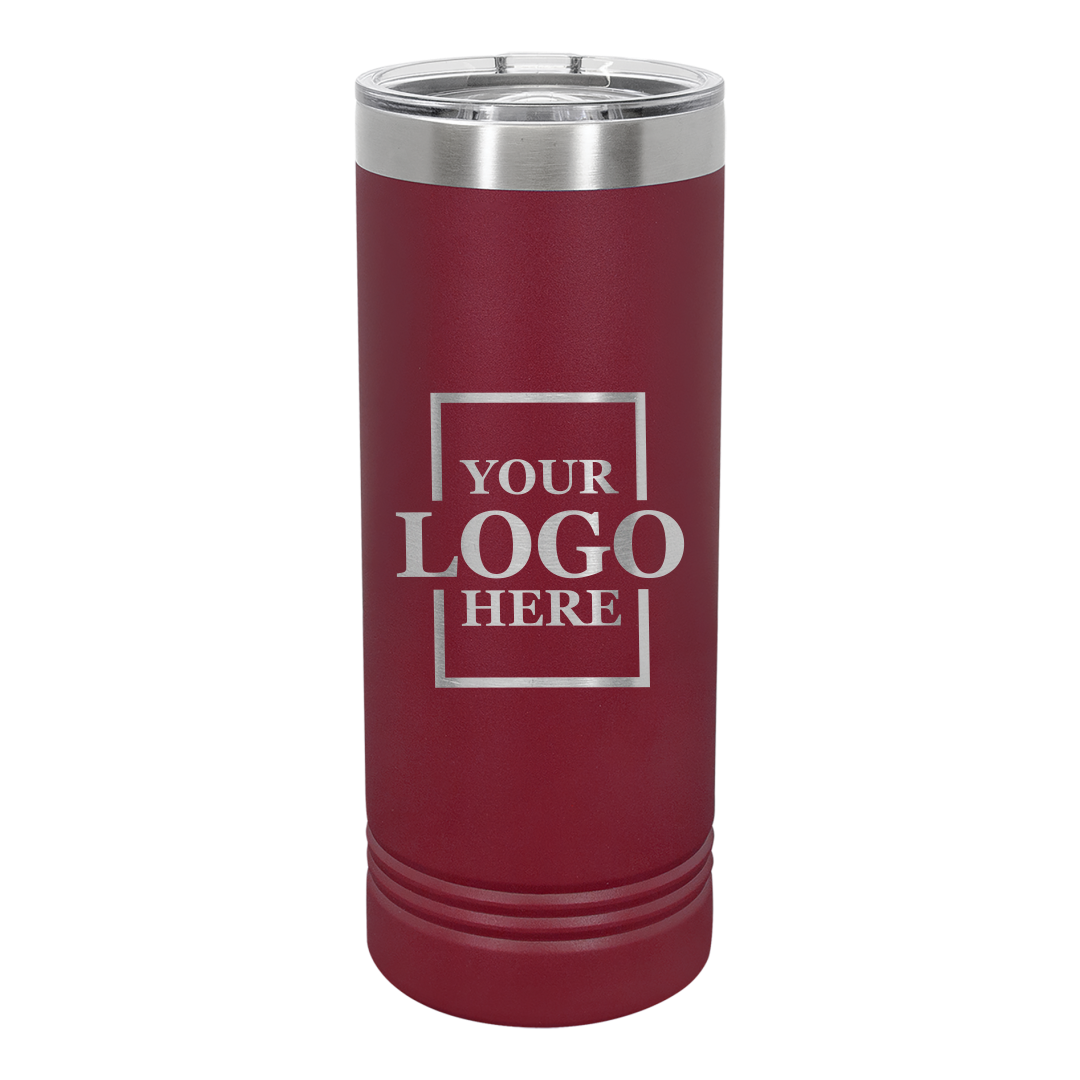 Real Estate logo branded 22 oz skinny tumbler in burgundy with silver engraving