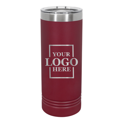 Real Estate logo branded 22 oz skinny tumbler in burgundy with silver engraving