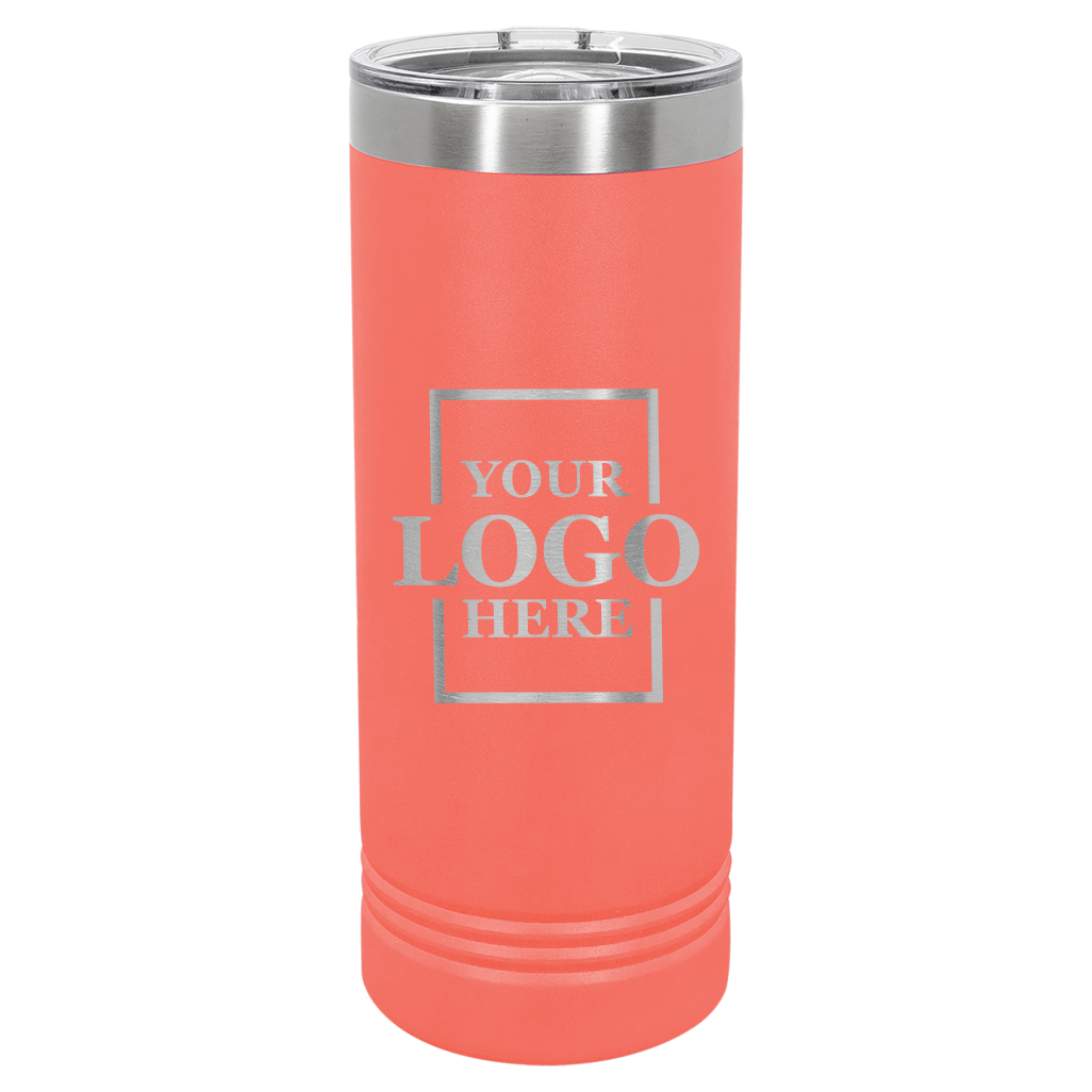 Real Estate logo branded 22 oz skinny tumbler in coral with silver engraving