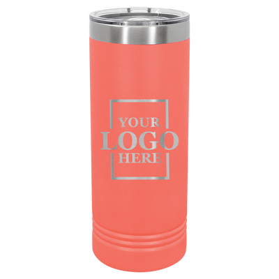 Real Estate logo branded 22 oz skinny tumbler in coral with silver engraving