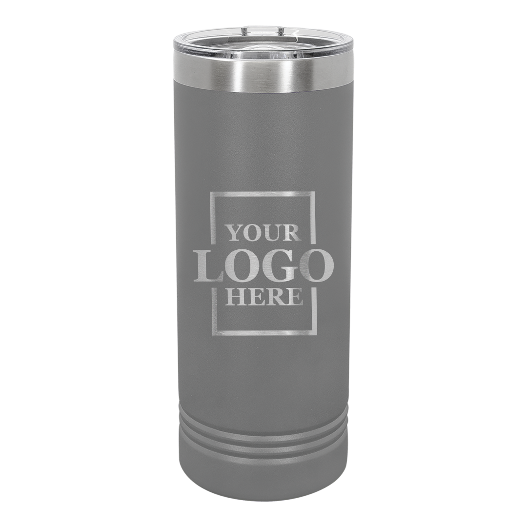 Real Estate logo branded 22 oz skinny tumbler in gray with silver engraving