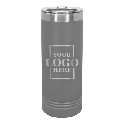 Real Estate logo branded 22 oz skinny tumbler in gray with silver engraving