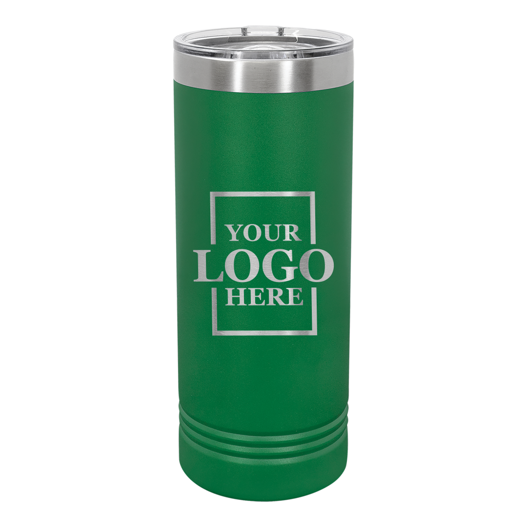 Real Estate logo branded 22 oz skinny tumbler in green with silver engraving