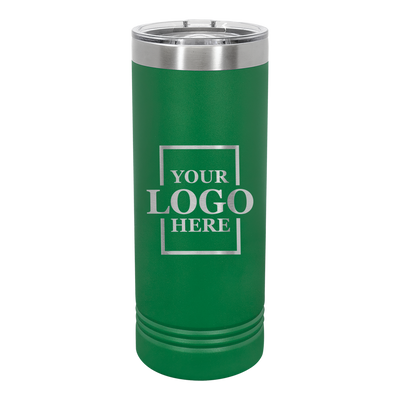Real Estate logo branded 22 oz skinny tumbler in green with silver engraving