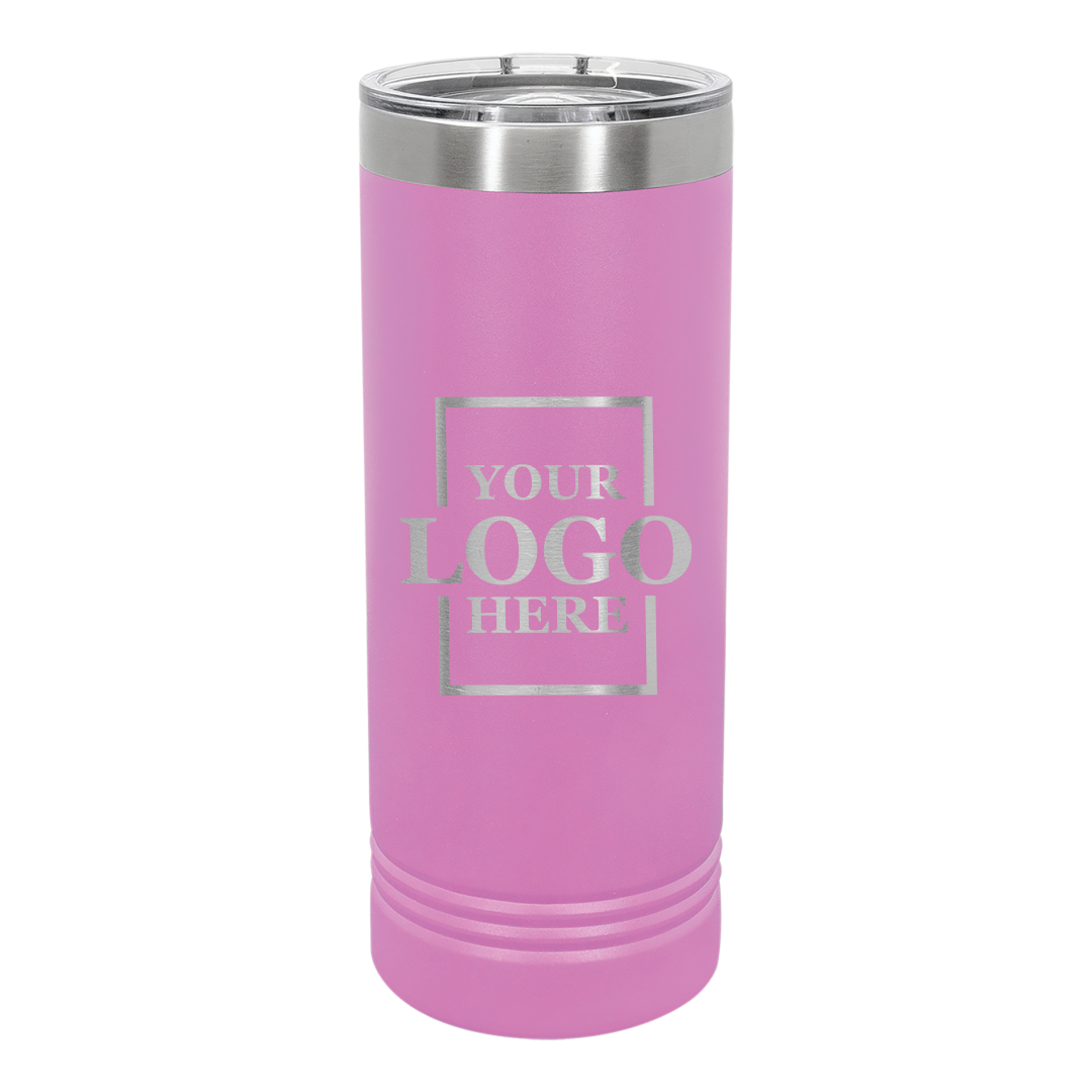 Real Estate logo branded 22 oz skinny tumbler in lavender with silver engraving