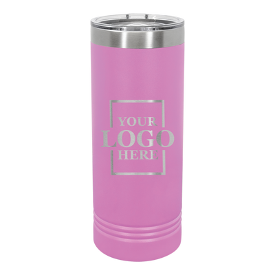 Real Estate logo branded 22 oz skinny tumbler in lavender with silver engraving