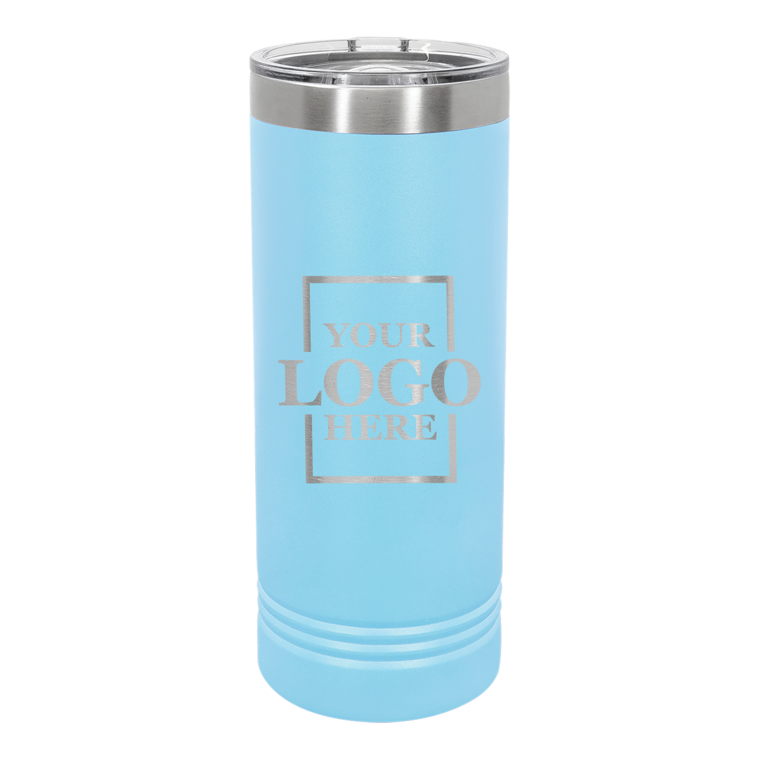 Real Estate logo branded 22 oz skinny tumbler in light blue with silver engraving