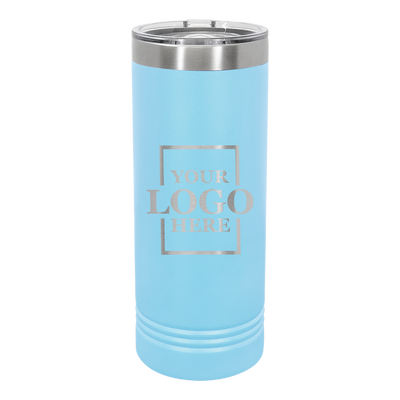 Real Estate logo branded 22 oz skinny tumbler in light blue with silver engraving