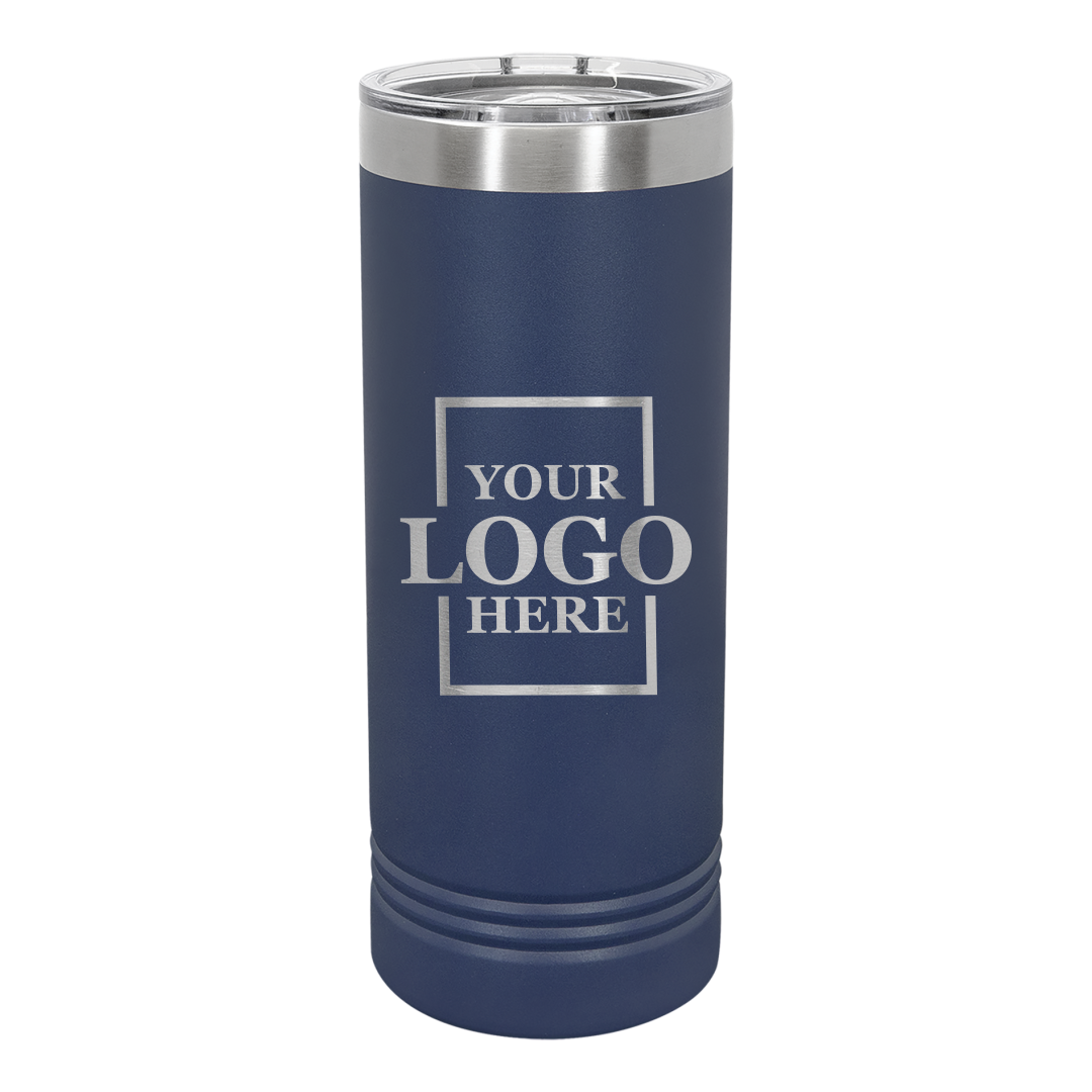 Real Estate logo branded 22 oz skinny tumbler in navy with silver engraving